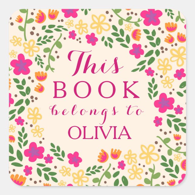 Pegatina Cuadrada Floral de Bonito colorida Este libro pertenece a P (Anverso)