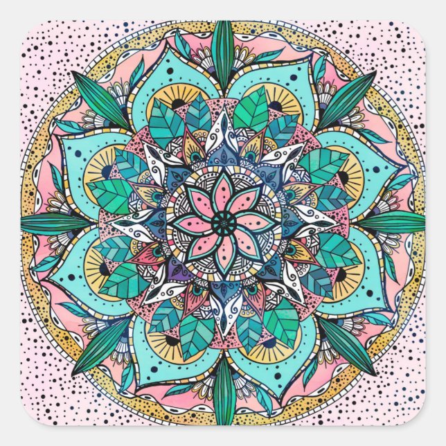 Pegatina Cuadrada Floral de color de agua colorida Boho Mandala (Anverso)