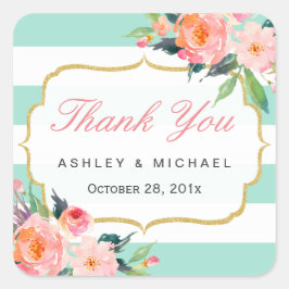 Pegatina Cuadrada Floral de color de agua de franjas verdes de fábri