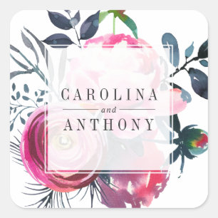 Pegatina Cuadrada Floral de color de agua de peonía moderna