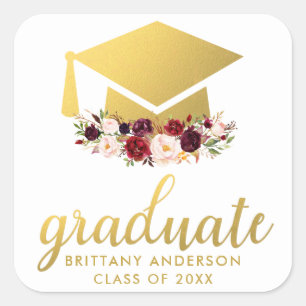 Pegatina Cuadrada Floral de color de borgoña de oro de grado