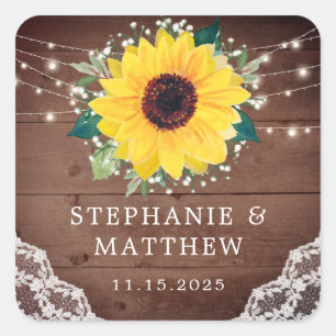 Pegatina Cuadrada Floral de girasol rústico bebe Boda de aliento