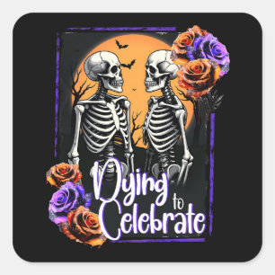 Pegatina Cuadrada Floral de la muerte en Skeleton de Halloween