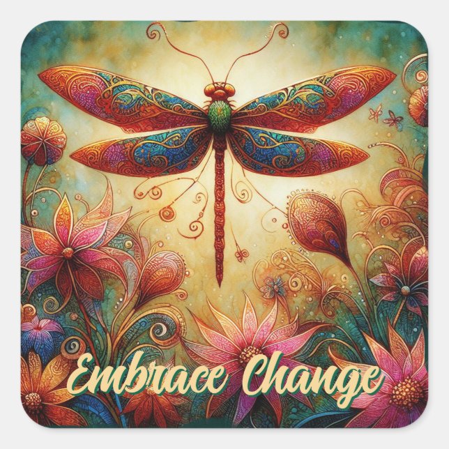 Pegatina Cuadrada Floral de libélula sincera Resumen arte rosa Verde (Anverso)