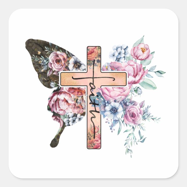 Pegatina Cuadrada Floral de mariposa Cross Faith (Anverso)