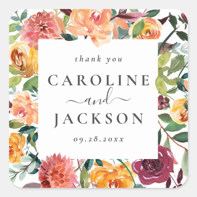 Pegatina Cuadrada Floral de otoño personalizada Gracias a favor (Anverso)