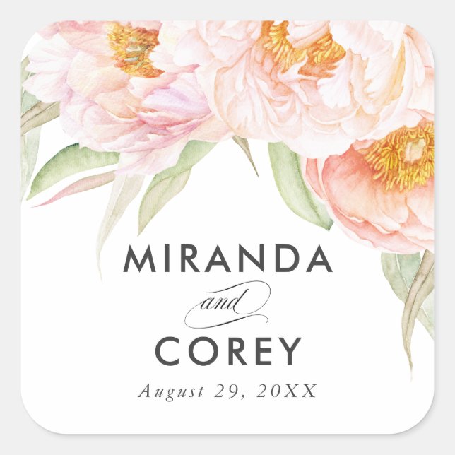 Pegatina Cuadrada Floral de peonies rosados exuberantes (Anverso)