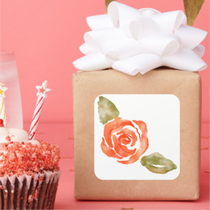 Pegatina Cuadrada Floral de rosa roja, ilustracion acuarela