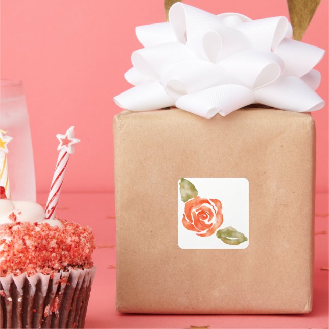 Pegatina Cuadrada Floral de rosa roja, ilustracion acuarela (Fiesta)