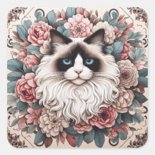 Pegatina Cuadrada Floral Delight Ragdoll Cat, Cute Ragdoll Kitten