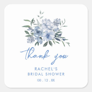 Pegatina Cuadrada Floral Dusty Blue Bridal Shower Favor
