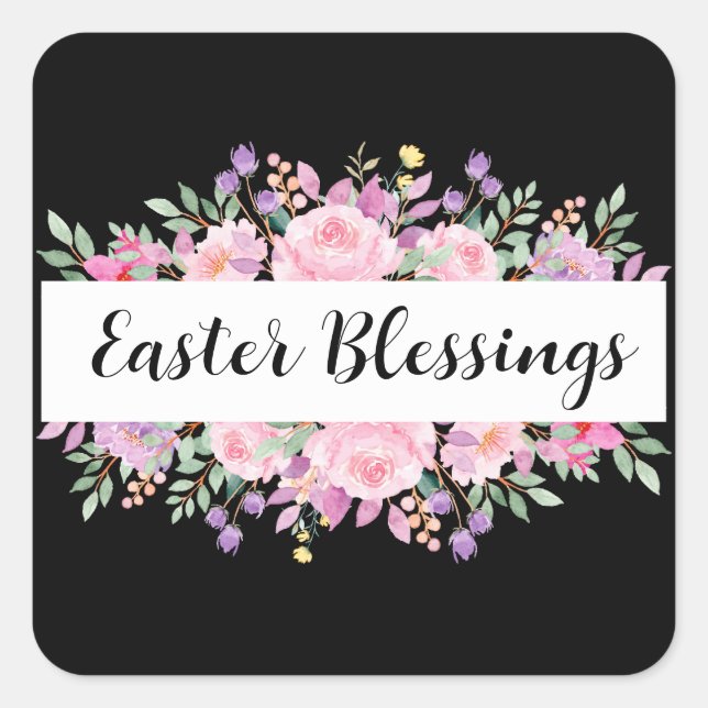 Pegatina Cuadrada Floral Easter Blessing Classy Personalizado Textos (Anverso)