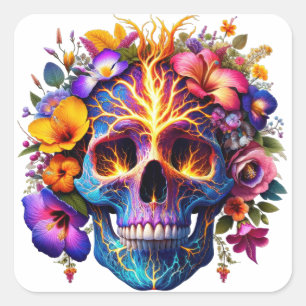 Pegatina Cuadrada Floral Electric Skull