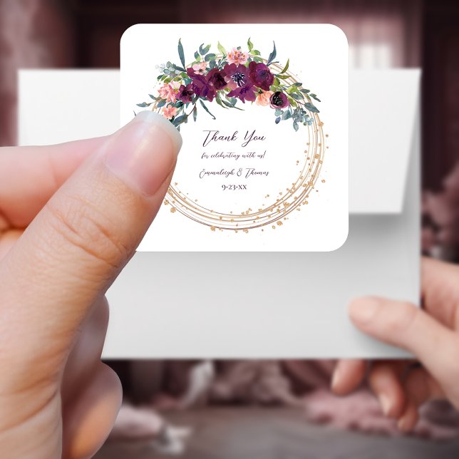 Pegatina Cuadrada Floral elegante | Boda Purple Garland (Subido por el creador)