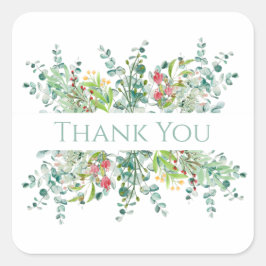 Pegatina Cuadrada Floral Elegante Verdor Acuarela Gracias