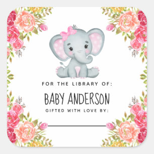 Pegatina Cuadrada Floral Elephant Baby Shower Bookplate