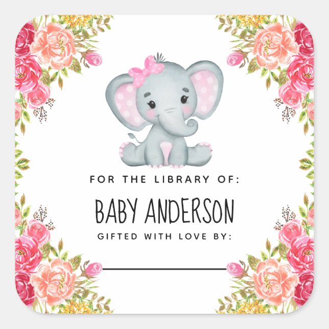 Pegatina Cuadrada Floral Elephant Baby Shower Bookplate (Anverso)