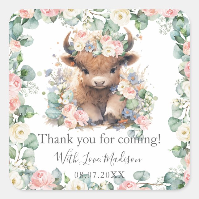 Pegatina Cuadrada Floral Greenery Highland Cow Baby Shower Cumpleaño (Anverso)