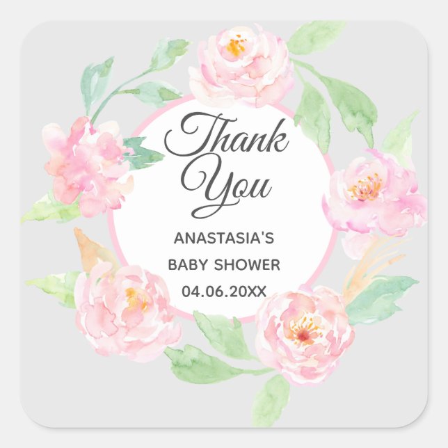 Pegatina Cuadrada Floral gris y rosa gracias Baby Shower (Anverso)