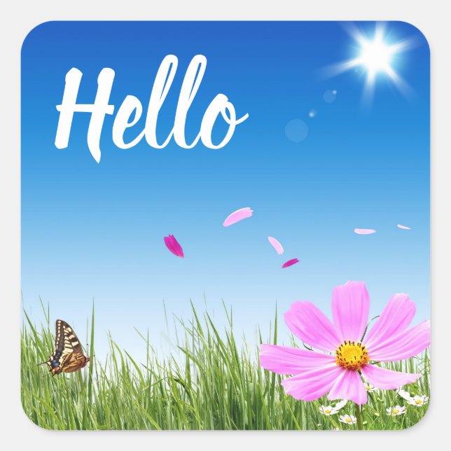 Pegatina Cuadrada Floral Hello Daisy Butterfly Friendship Love (Anverso)