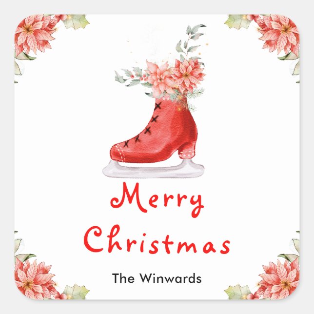 Pegatina Cuadrada Floral Ice Skate Red Merry Christmas (Anverso)