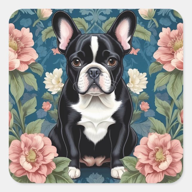 Pegatina Cuadrada Floral inspirada en el Bulldog francés William Mor (Anverso)