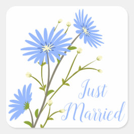 Pegatina Cuadrada Floral Just Married Daisy Flowers Boda Azul