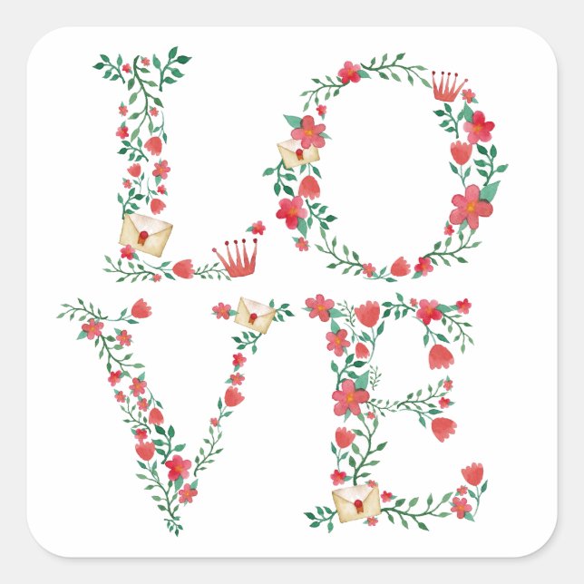 Pegatina Cuadrada Floral LOVE Letters Valentine (Anverso)