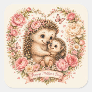 Pegatina Cuadrada Floral Mama y Bebé Erizo Cottagecore