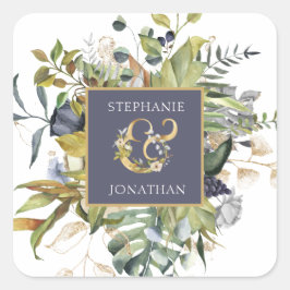 Pegatina Cuadrada Floral moderna |Azul y verde con Ampersand Boda