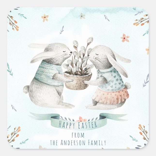 Pegatina Cuadrada Floral moderna Feliz Deseos de Pascua Boho Bunny (Anverso)