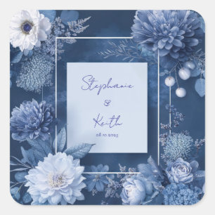 Pegatina Cuadrada Floral Monocromo Azul Marino Blanco Moderno Cuadra