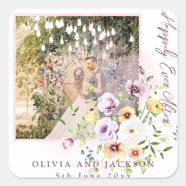 Pegatina Cuadrada Floral morada de lavanda de Rubor feliz nunca desp (Anverso)