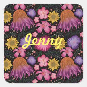 Pegatina Cuadrada Floral negra de flores silvestres personalizada