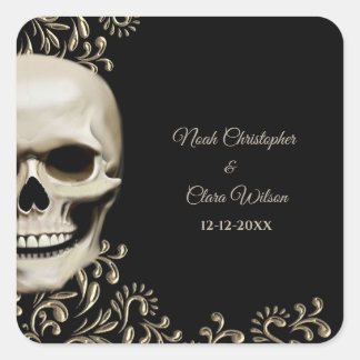 Pegatina Cuadrada Floral negro oscuro gótico de cráneo Halloween
