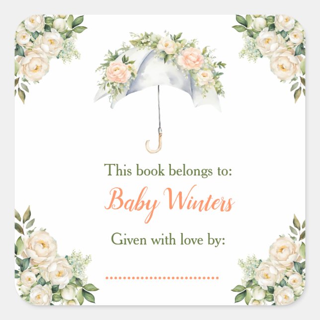 Pegatina Cuadrada Floral paraguas Baby Shower Bookplate (Anverso)