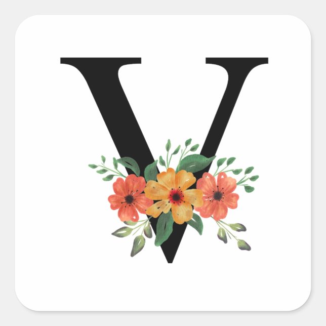 Pegatina Cuadrada Floral personalizada monogramada (Anverso)