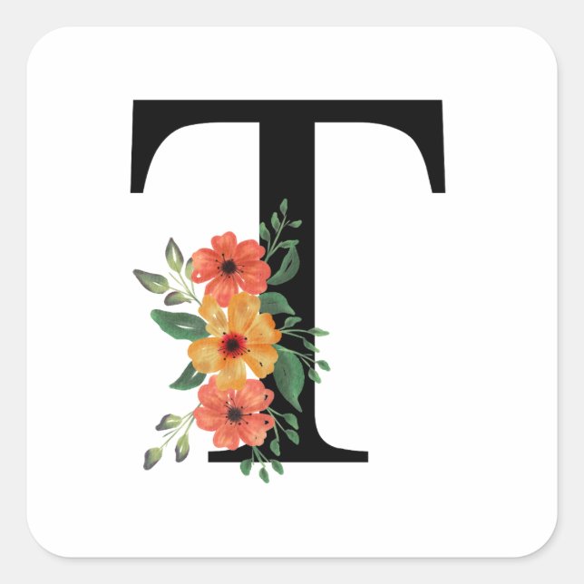 Pegatina Cuadrada Floral personalizada monogramada (Anverso)