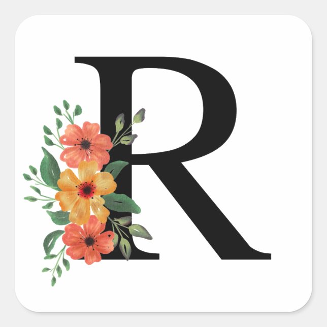 Pegatina Cuadrada Floral personalizada monogramada (Anverso)