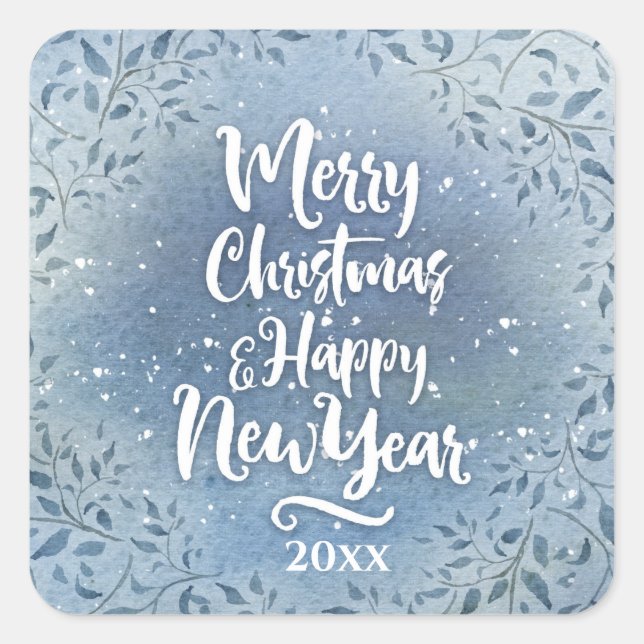 Pegatina Cuadrada Floral Personalizado de Navidad Año Script Fiesta (Anverso)