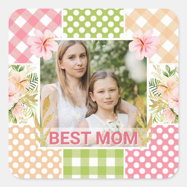 Pegatina Cuadrada Floral & Plaid Photo Frame Mother's Day (Anverso)