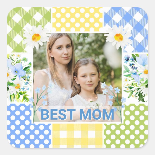 Pegatina Cuadrada Floral & Plaid Photo Frame Mother's Day (Anverso)