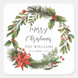 Pegatina Cuadrada Floral Poinsettia Greenery Familia Navidades Perso