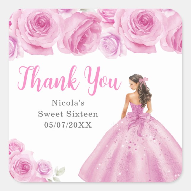 Pegatina Cuadrada Floral Princess in a Pink Dress Sweet Sixteen  (Anverso)