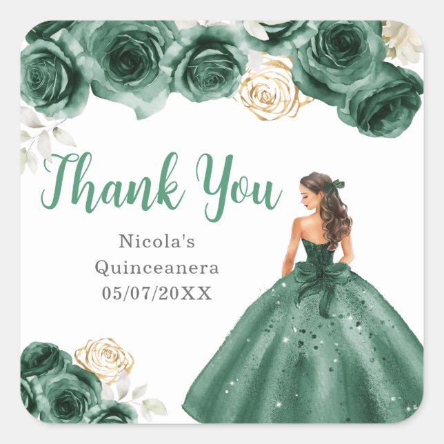 Pegatina Cuadrada Floral Princess in Dark Green Dress Quinceanera (Anverso)