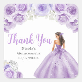 Pegatina Cuadrada Floral Princess in Dusty Purple Dress Quinceanera