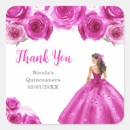 Pegatina Cuadrada Floral Princess in Hot Pink Dress Quinceanera