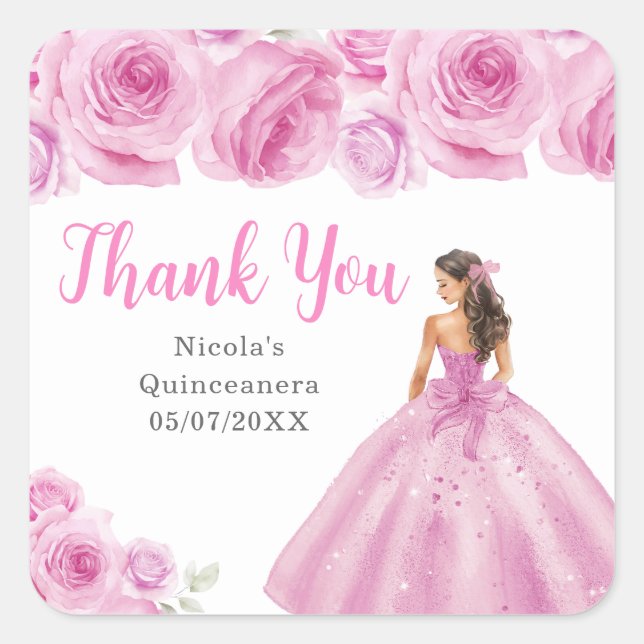 Pegatina Cuadrada Floral Princess in Light Pink Dress Quinceanera (Anverso)