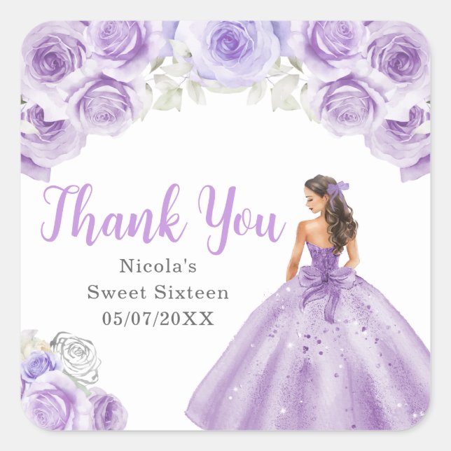 Pegatina Cuadrada Floral Princess in Purple Dress Sweet Sixteen (Anverso)