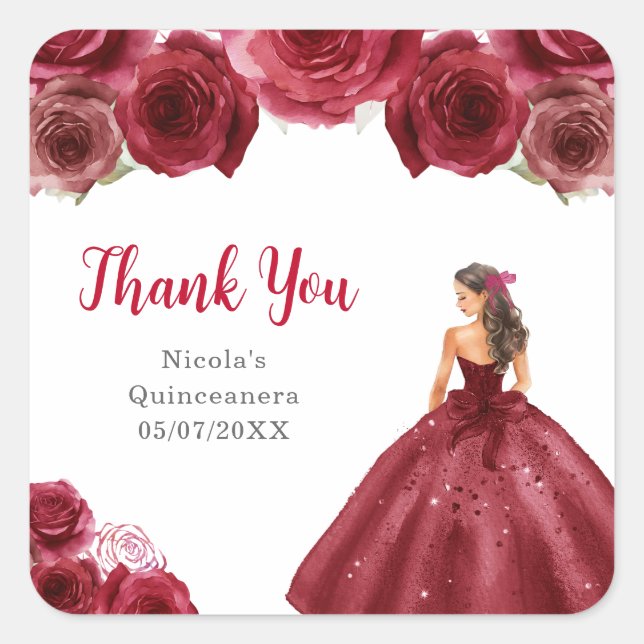 Pegatina Cuadrada Floral Princess in Red Dress Quinceanera (Anverso)